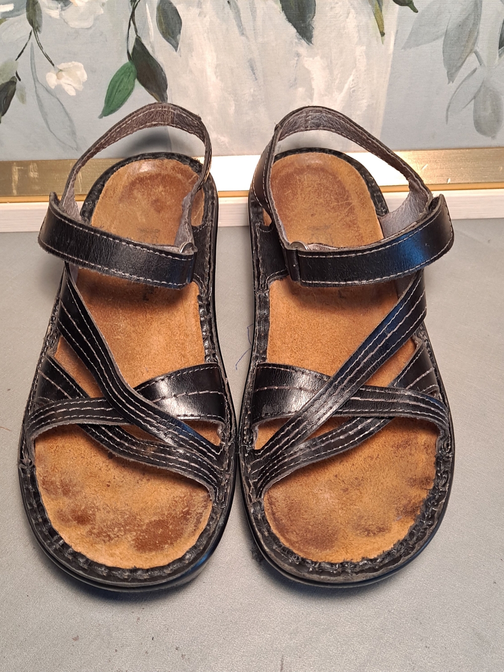 NAOT Paris Comfort Strappy Leather Sandals in Black W/Tan Cork & Suede Footbed